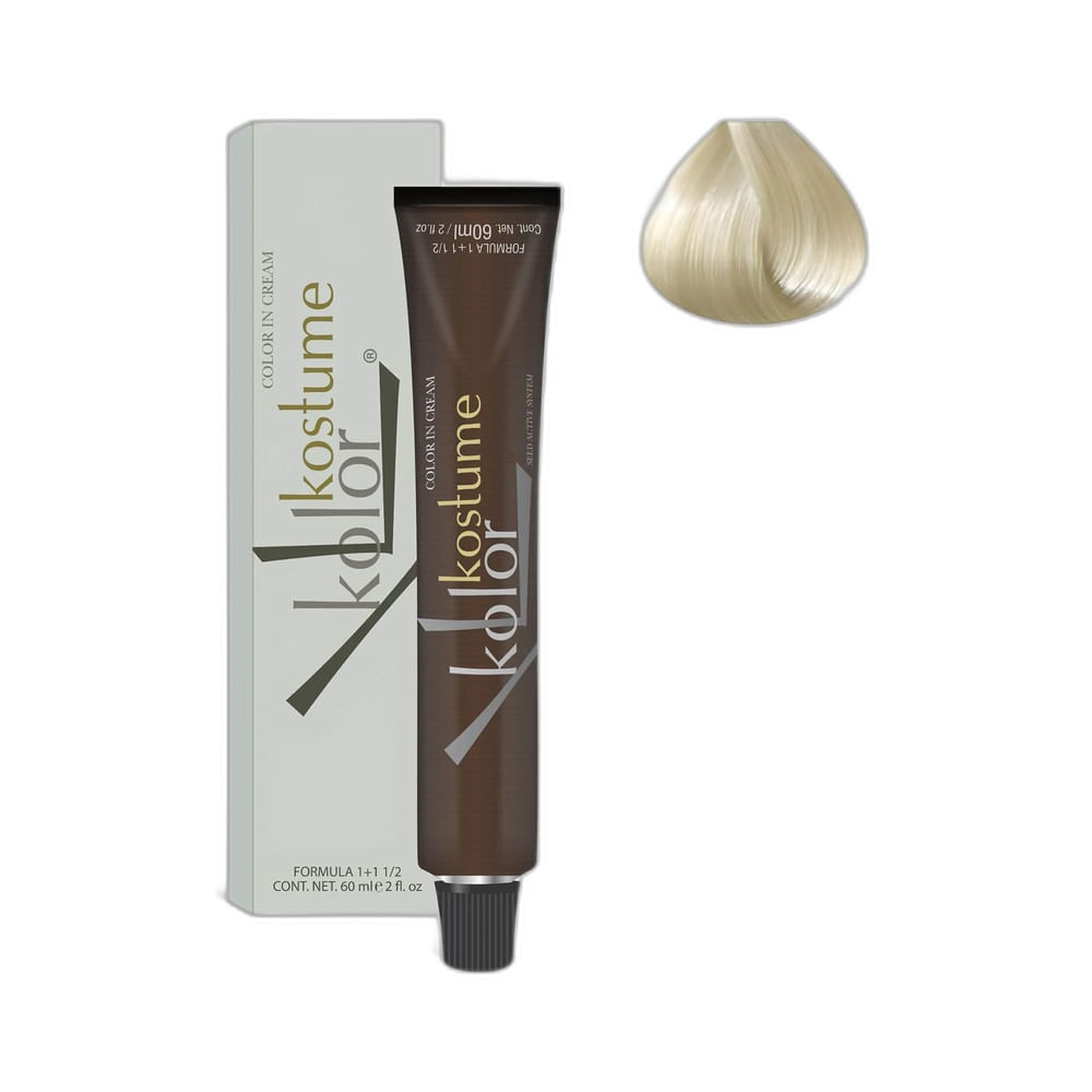 Coloração Kostume Kolor 12.12 Loiro Extra Claro Platinum Irisado com tubo e amostra de cor